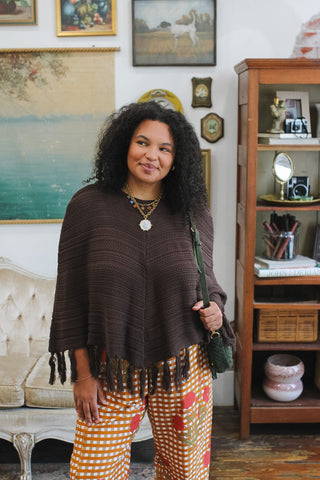 fringe poncho, knit wrap, boho sweater, chocolate brown poncho, women’s layering, oversized knitwear, bohemian fashion, Zella poncho