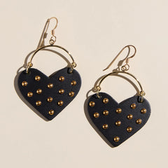 Harlow Black Studded Leather Heart Earrings | Gold