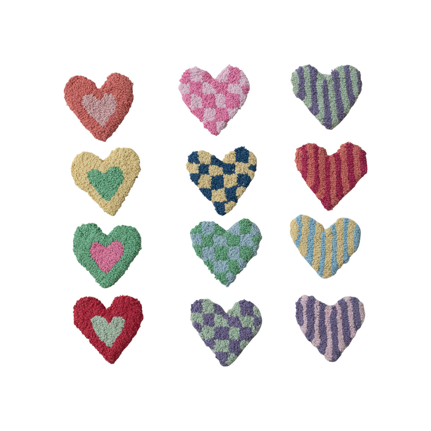 Cotton Tufted Heart-Shaped Coaster w/ Heart/Stripes/Check Pattern, 12 Styles
