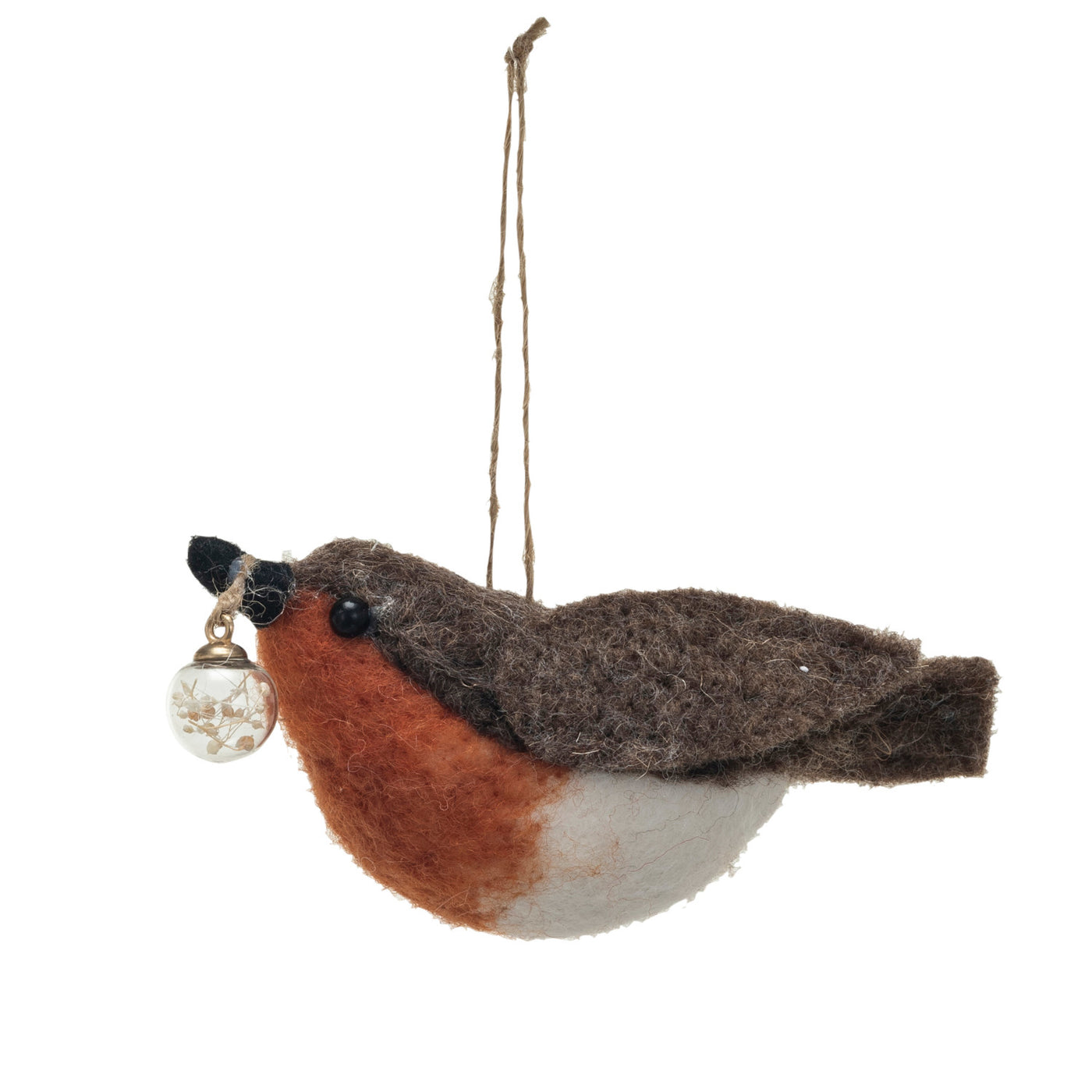 Handmade Wool Felt Robin w/ Ornament in Beak Ornament, Multi Color