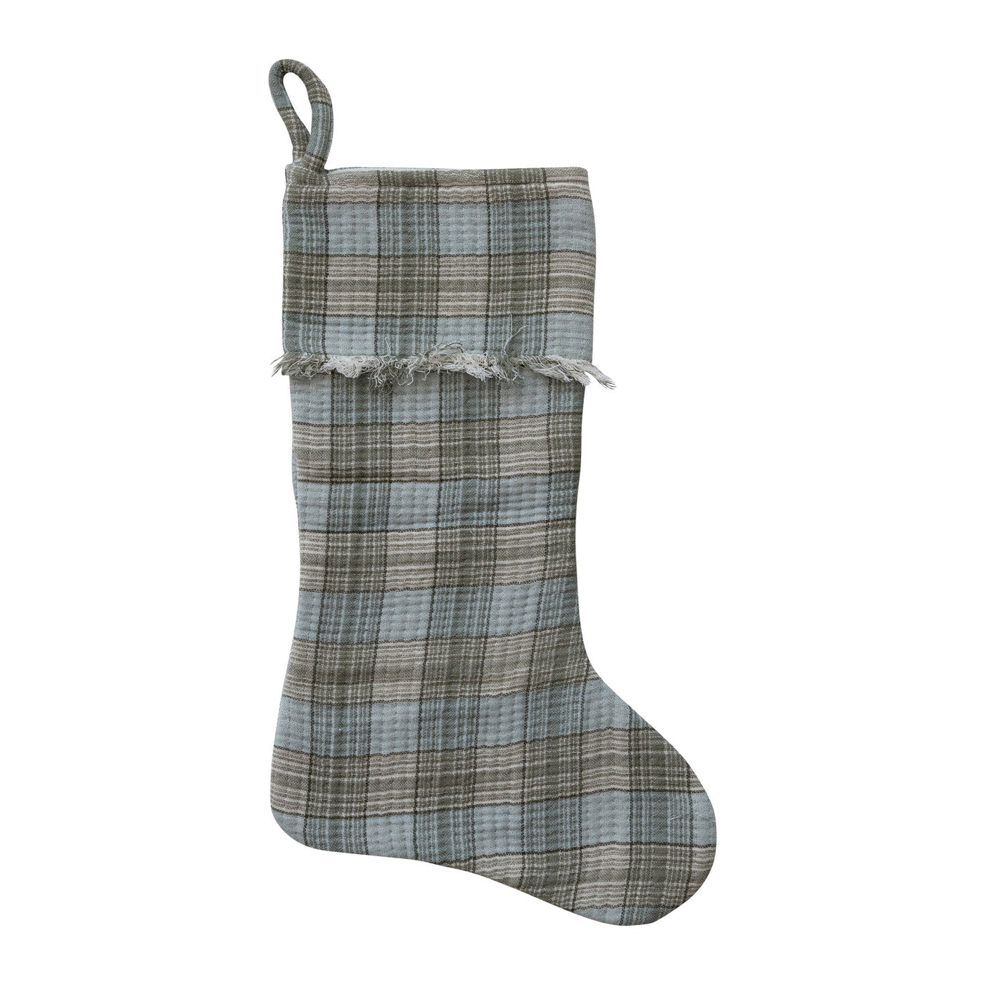 20"H Woven Cotton Double Cloth Stocking with Frayed Edge Plaid