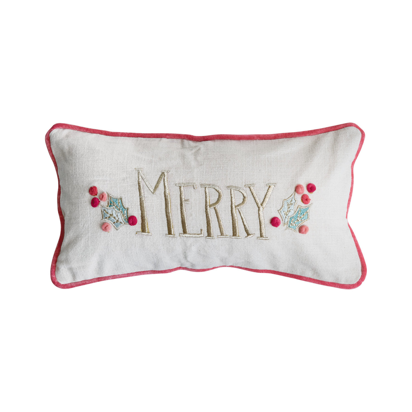 Lumbar Pillow with Hand-Embroidery, Pom Poms, Piping & Velvet Back ©