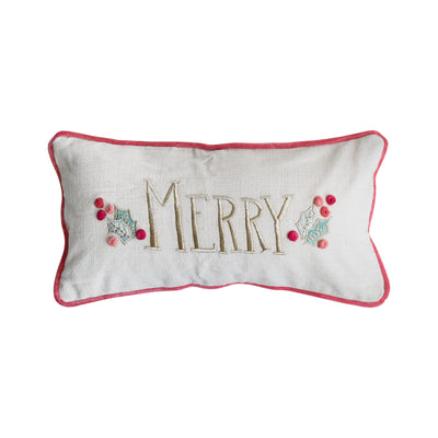 Lumbar Pillow with Hand-Embroidery, Pom Poms, Piping & Velvet Back ©