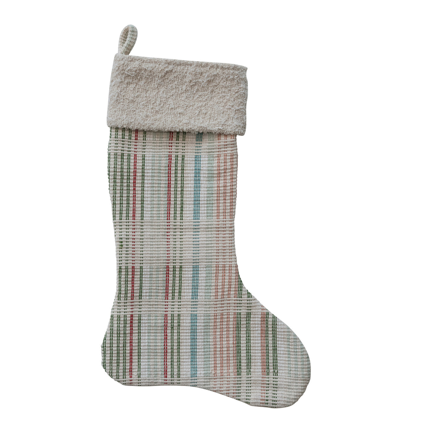 20"H Woven Cotton Stocking with Faux Sherpa Cuff, Multi Color Plaid