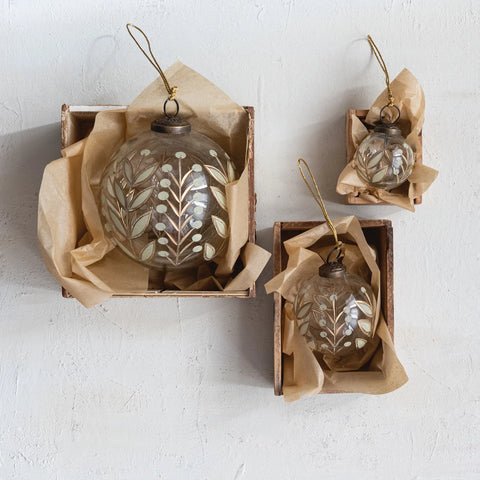 Golden Botanical Etched Glass Ornament