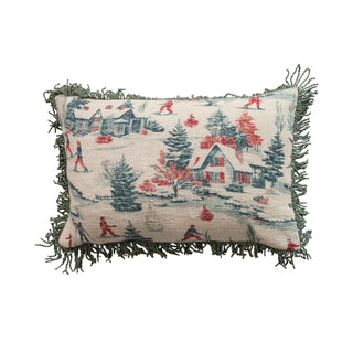 Cotton Slub Printed Lumbar Pillow with Ski Scene & Bullion Fringe