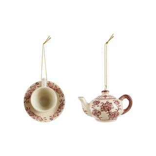 Stoneware Teapot/Teacup Ornament with Botanical Pattern, Burgundy & White, 2 Styles