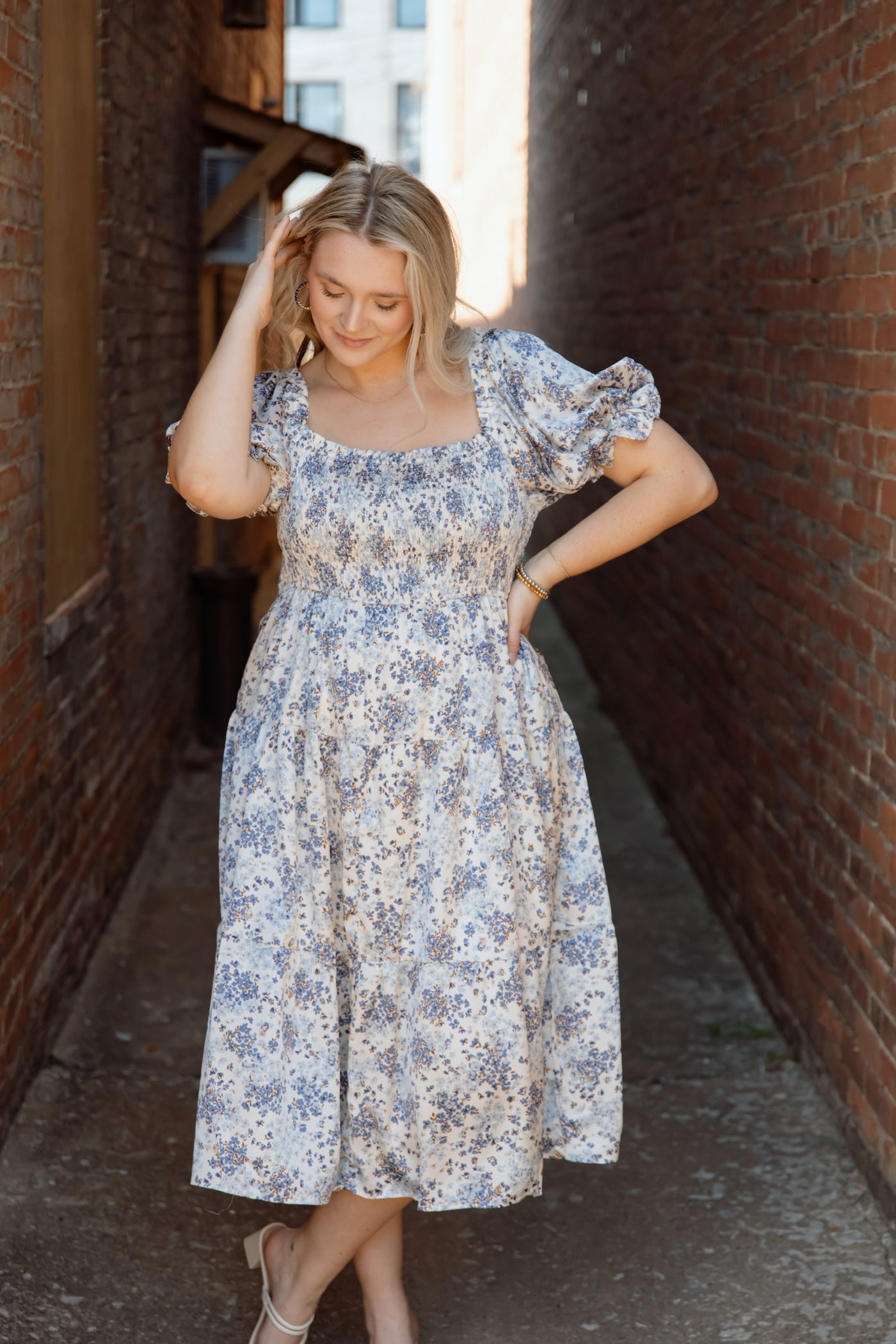 Always Blooming Bubble Sleeve Midi Dress