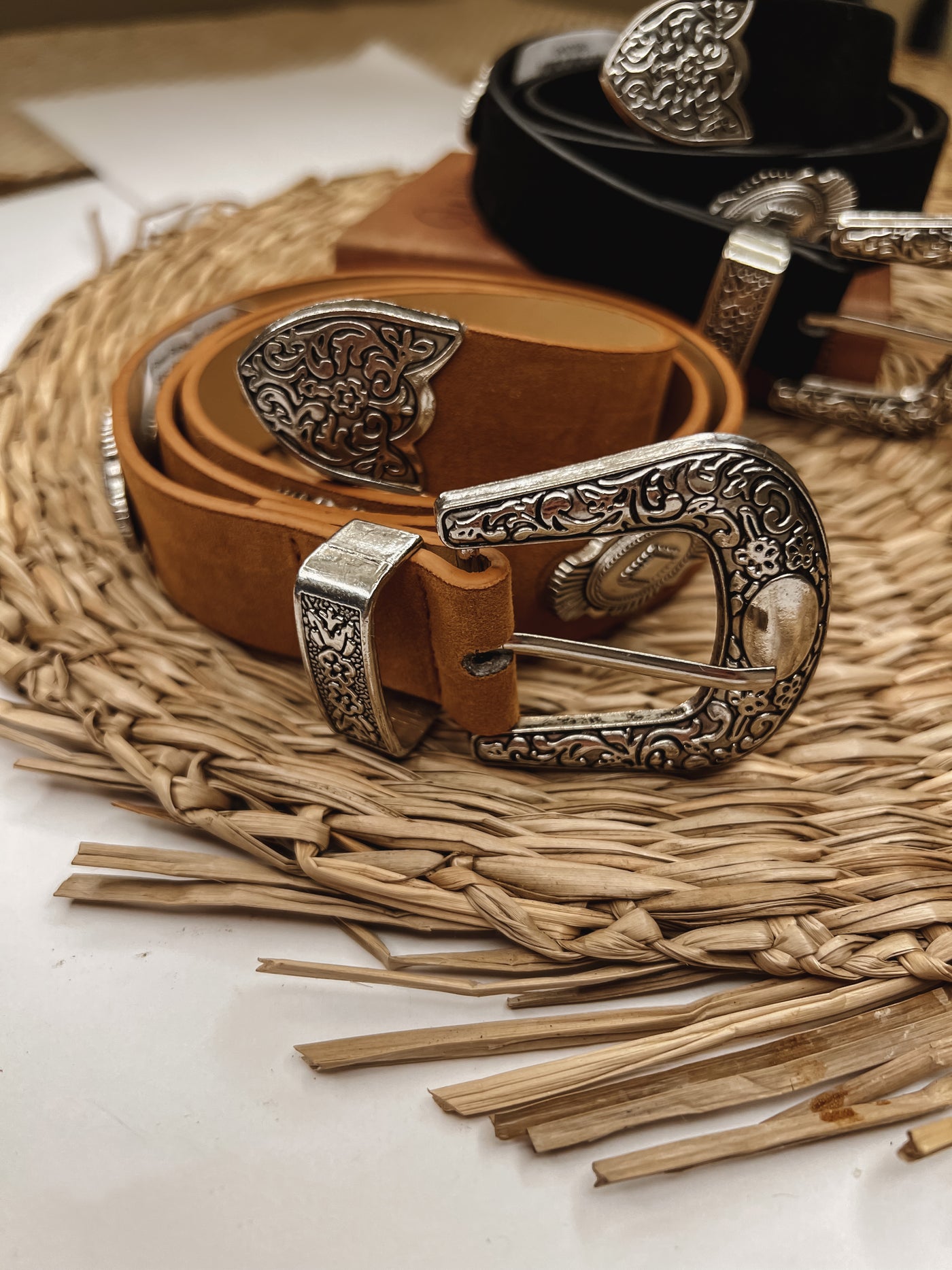 Engraved Flower Buckle Faux Leather Belt