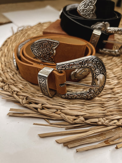 Engraved Flower Buckle Faux Leather Belt