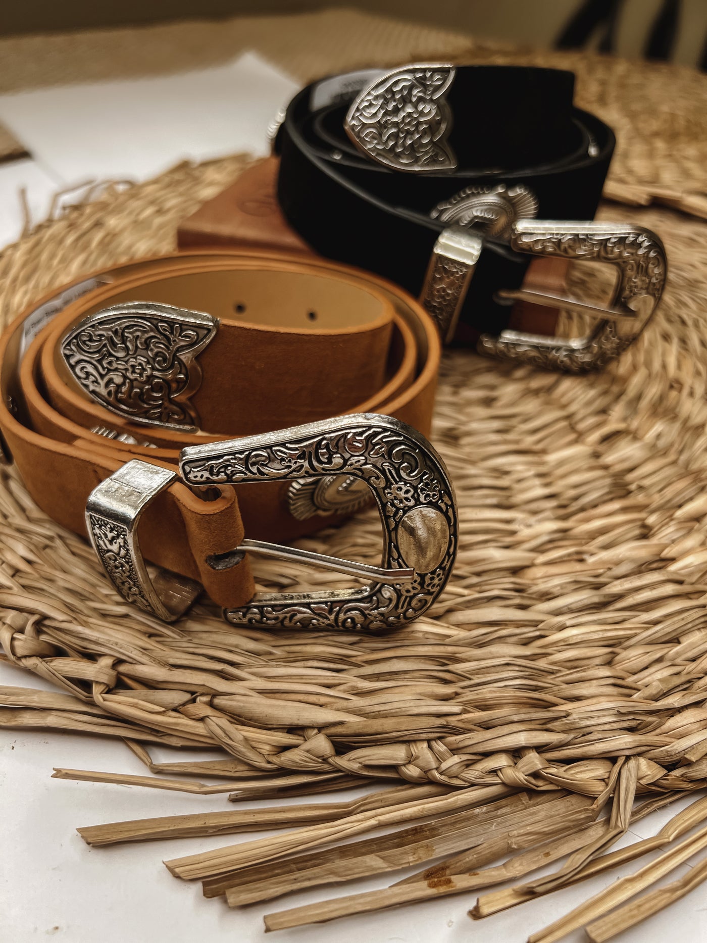 Engraved Flower Buckle Faux Leather Belt