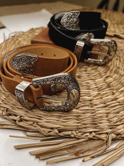 Engraved Flower Buckle Faux Leather Belt