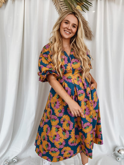 Navy + Mustard Floral Dress