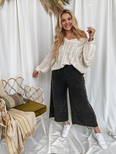 Black Mineral Washed Wide Leg Crops