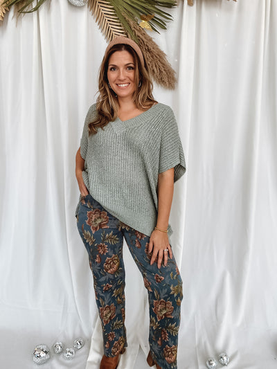 Dusty Blue Floral Print High Waist Pants