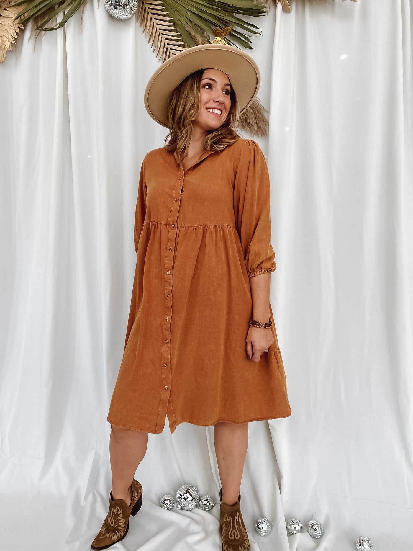 Cognac Button-Up Dress