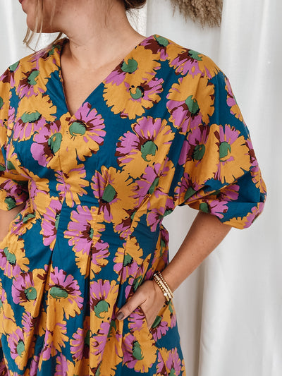 Navy + Mustard Floral Dress