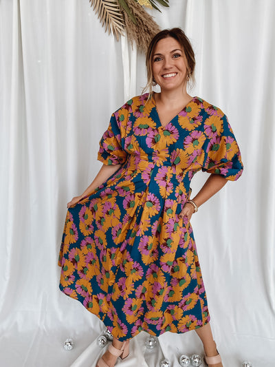 Navy + Mustard Floral Dress