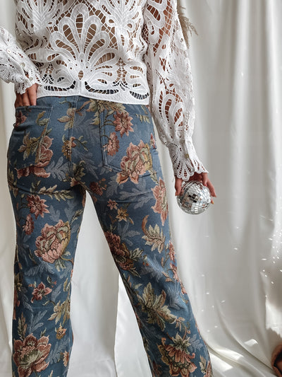 Dusty Blue Floral Print High Waist Pants