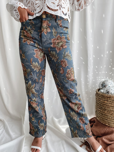 Dusty Blue Floral Print High Waist Pants