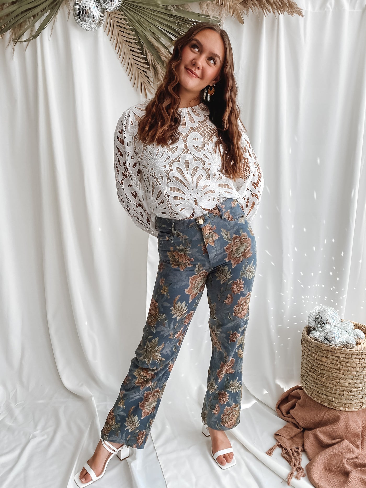 Dusty Blue Floral Print High Waist Pants