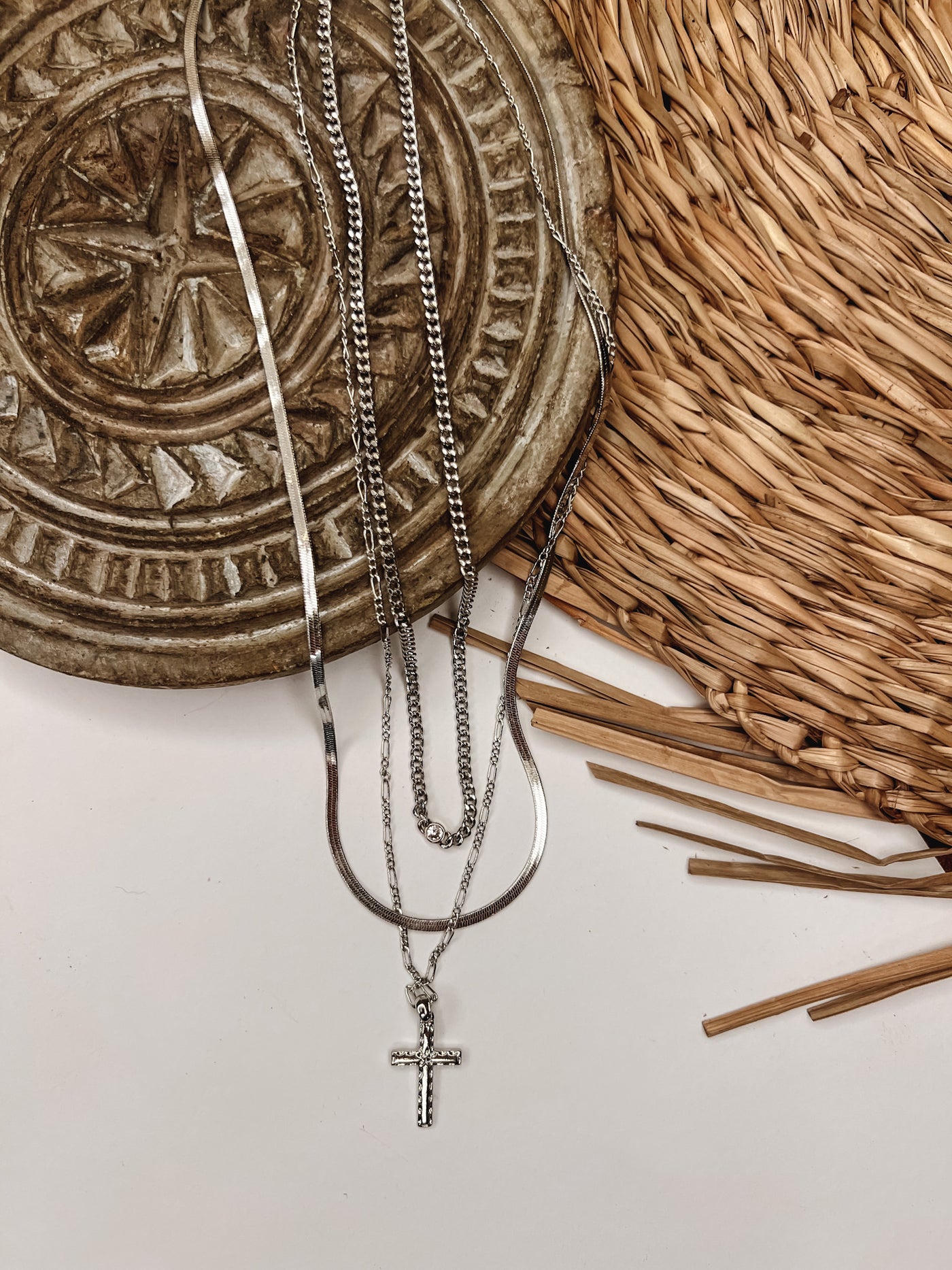 Rhinestone Cross Layered Chain Necklace