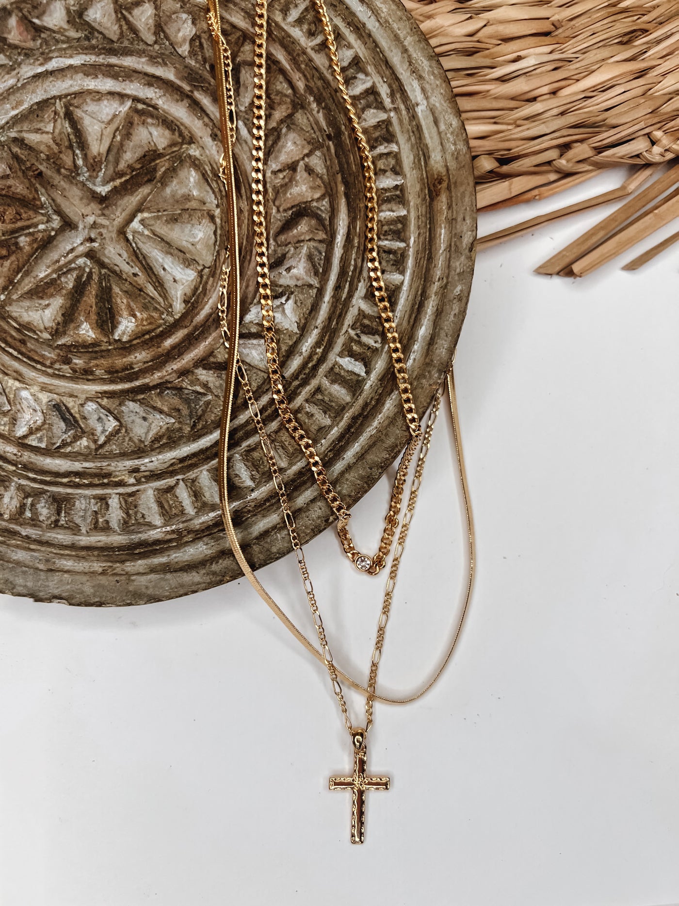 Rhinestone Cross Layered Chain Necklace