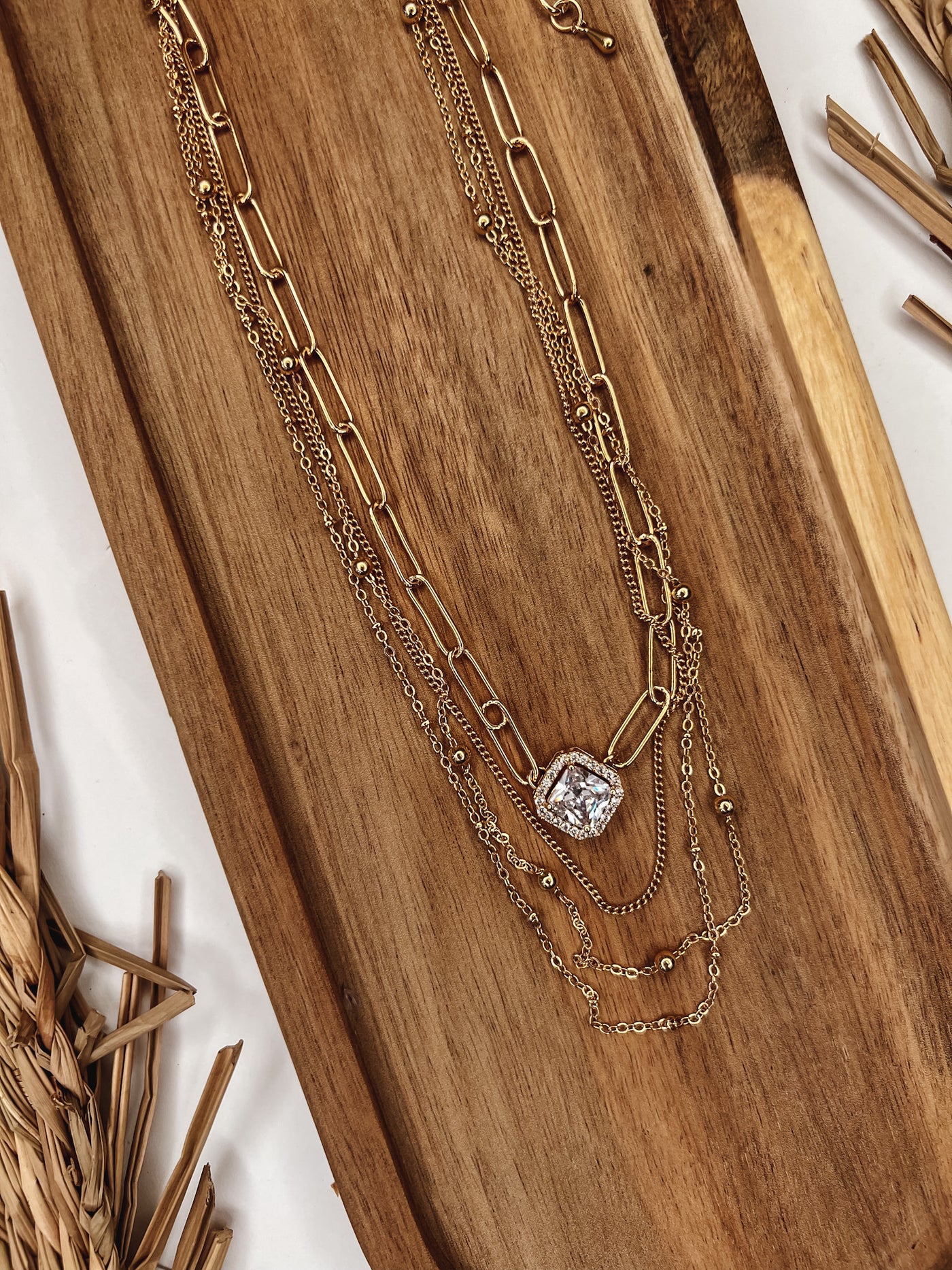 Square Rhinestone Charm Layered Chain Necklace