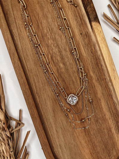 Square Rhinestone Charm Layered Chain Necklace
