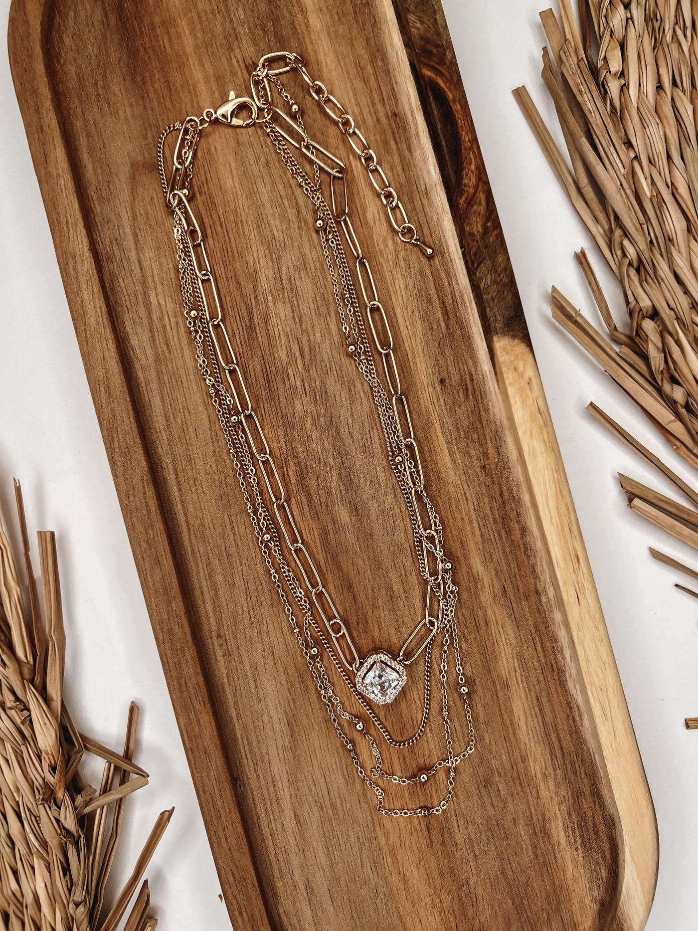Square Rhinestone Charm Layered Chain Necklace