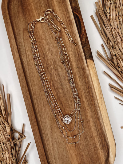Square Rhinestone Charm Layered Chain Necklace
