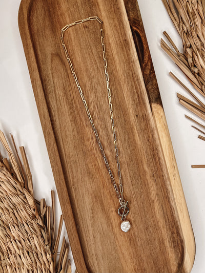 Toggle Link Chain Disc Pearl Charm Necklace