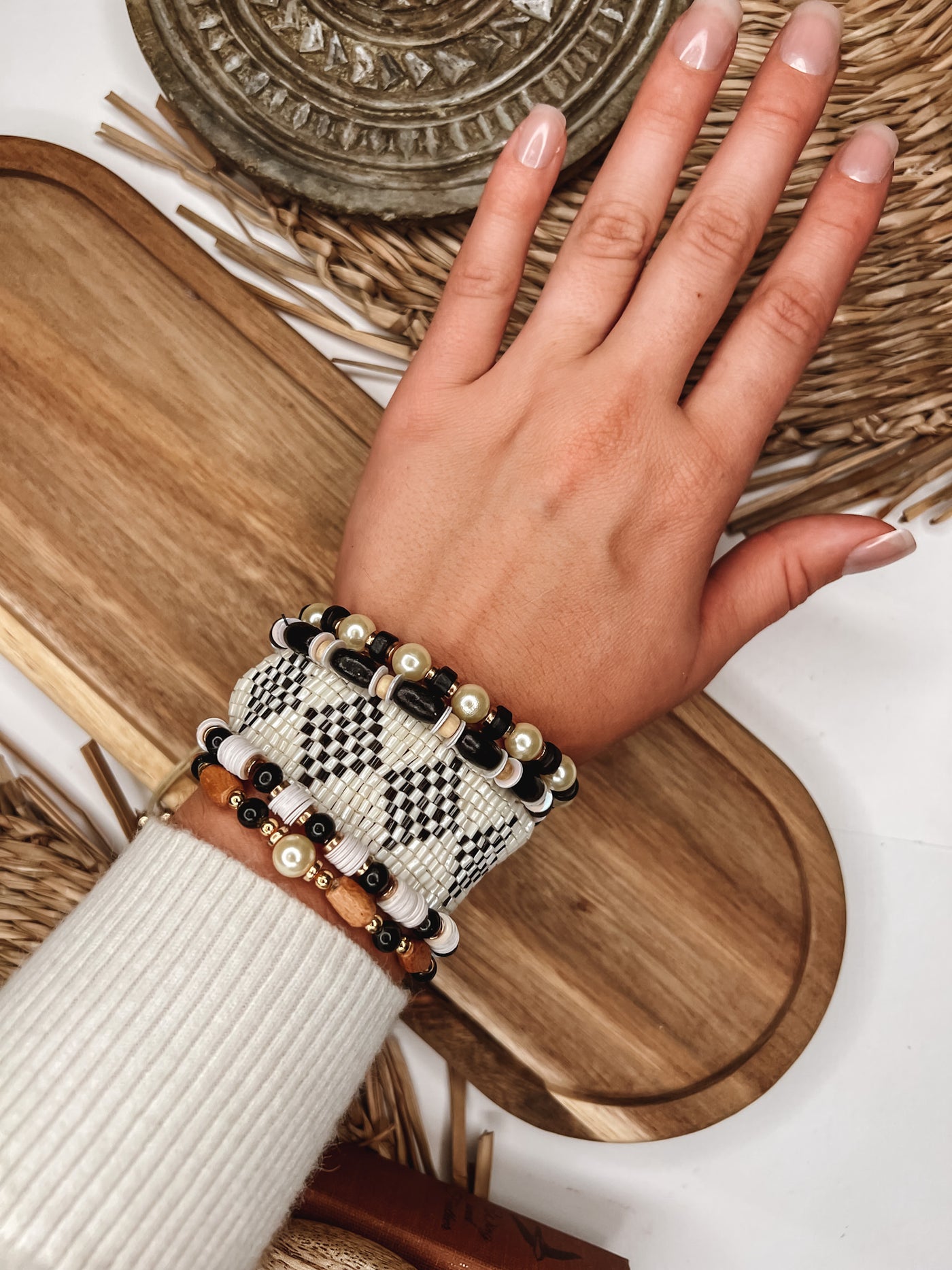 Black + Cream Wooden Bead Bracelet Stack