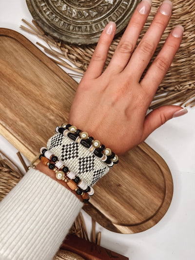 Black + Cream Wooden Bead Bracelet Stack