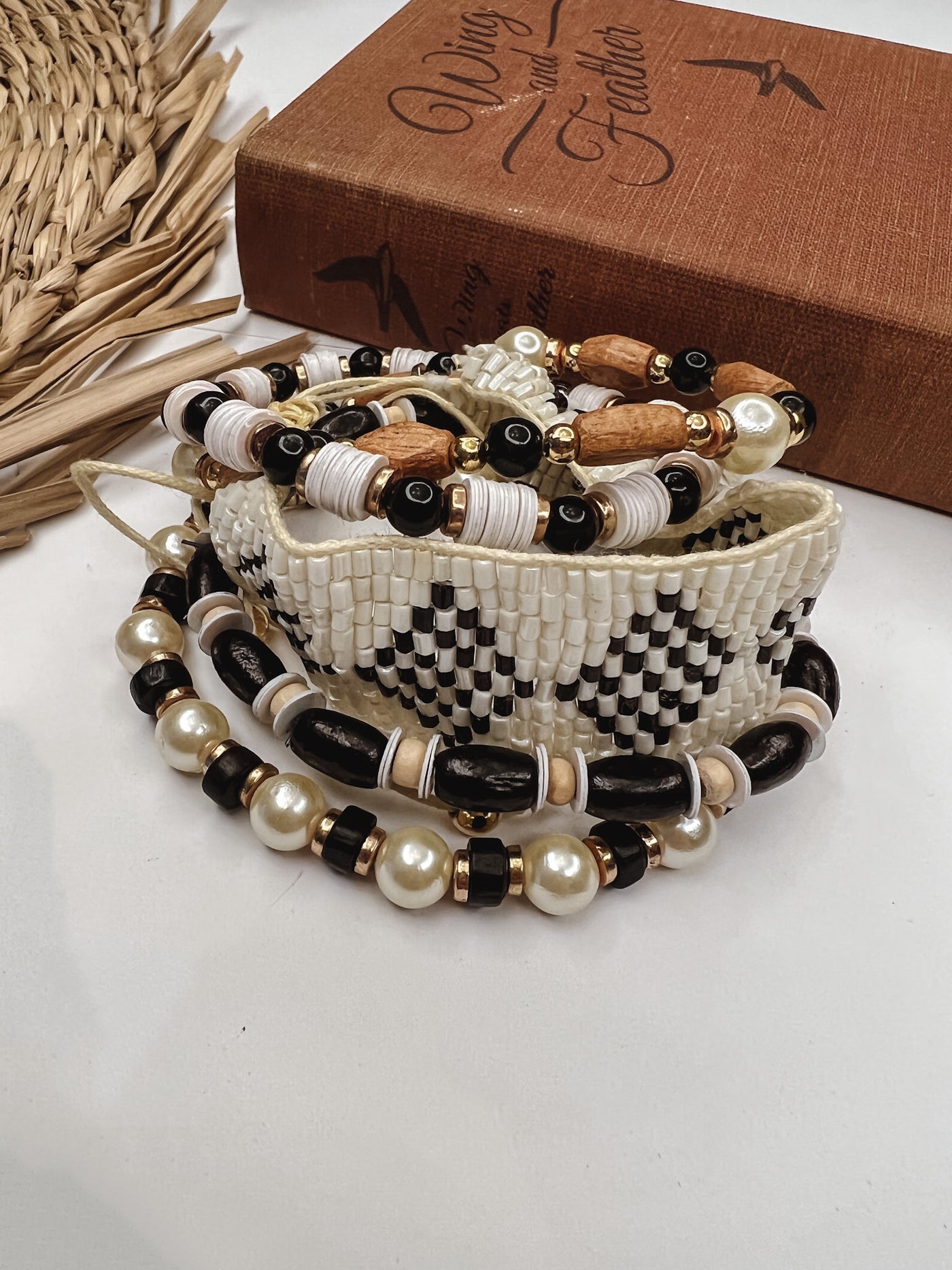Black + Cream Wooden Bead Bracelet Stack